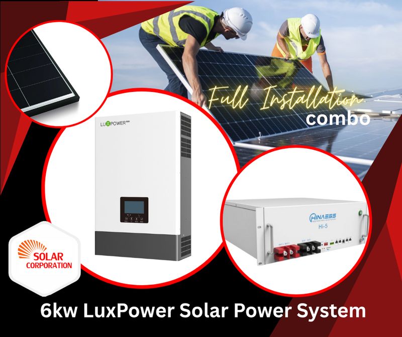 System LuxPower 48V 6kW Hybrid Off-Grid Inverter 5.12kW HinnaESS Lithium + 2.4kW Solar Panels Installed