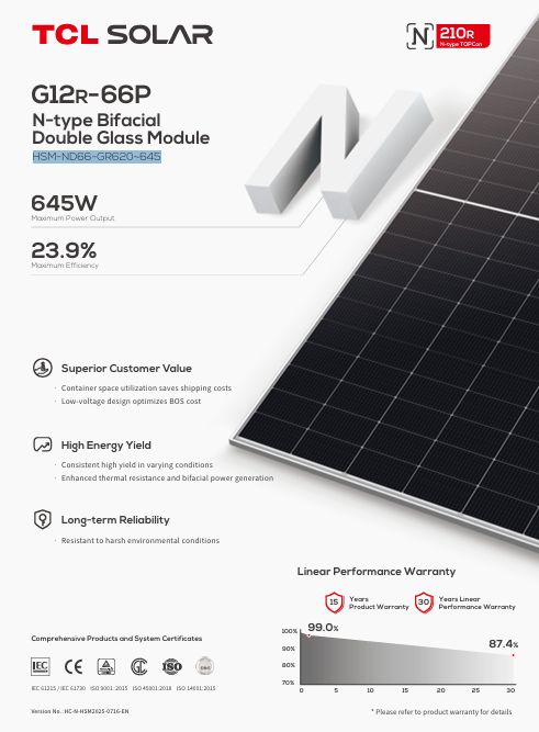 TCL Solar 620W Solar Panel N-type TOPCon Dual Glass Bifacial Silver Frame -15 Year Product Warranty -VOC:48.94V / IMP:15.13A / 2382x1134mm