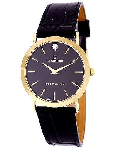 Le Chateau Men&#39;s Watch w/Genuine Leather Band and Diamond-1150m_blk