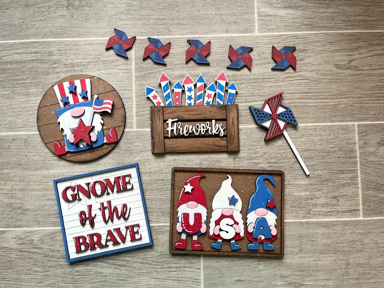 DIY 4th of July Gnomes Tiered Tray Set (Unpainted/Unglued)