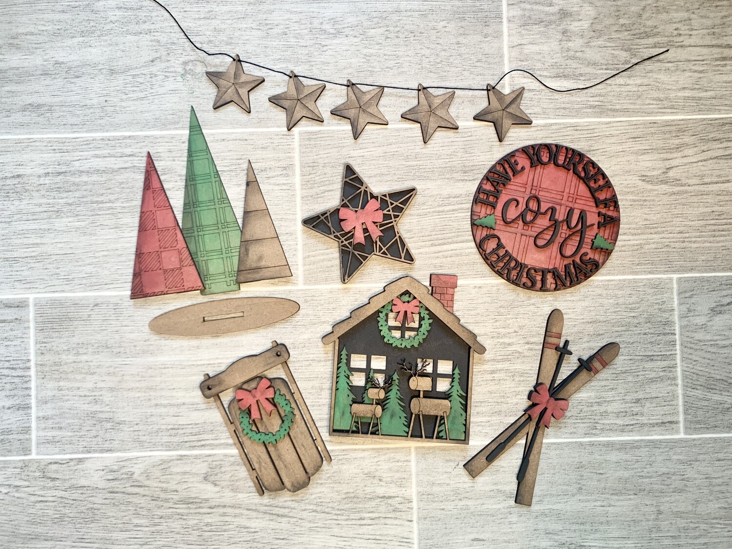 DIY Rustic Plaid Xmas Tiered Tray Set Decor
