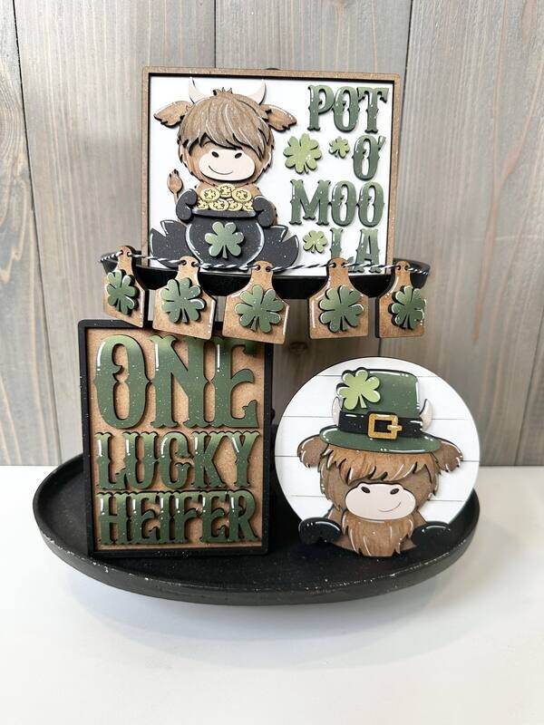 DIY Highland Cow St Patrick&#39;s Day QE Tiered Tray Set (Unpainted/Unglued)