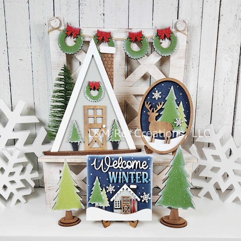 DIY Winter Cabin Decor Tiered Tray Set TSM (Unpainted/Unglued)
