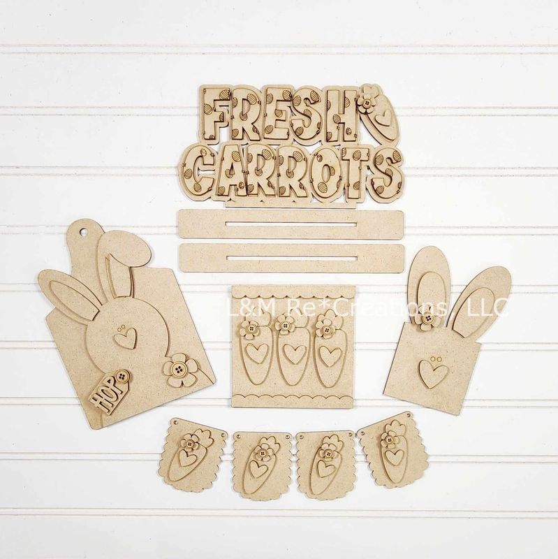 DIY Prim Bunnies and Carrots Tiered Tray Set TSM (Unpainted/Unglued)
