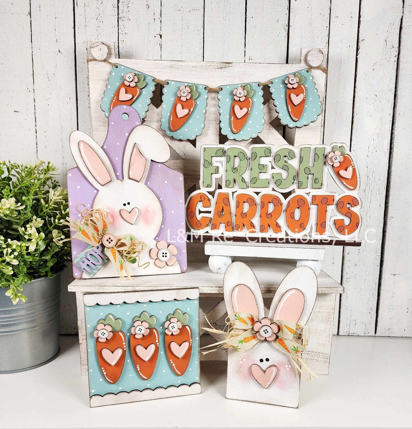 DIY Prim Bunnies and Carrots Tiered Tray Set TSM (Unpainted/Unglued)
