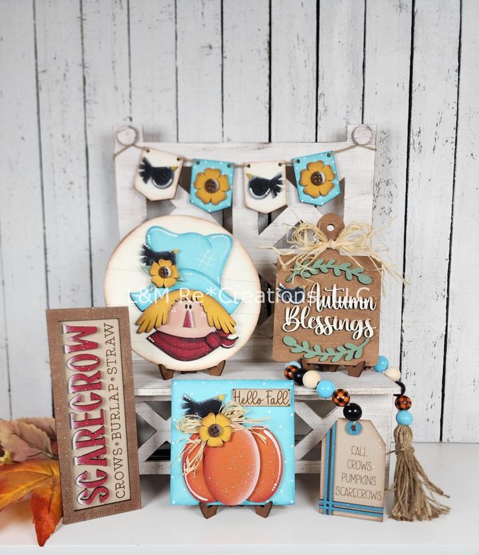 DIY Fall Scarecrow Tiered Tray Decor Set TSM (Unpainted/Unglued)