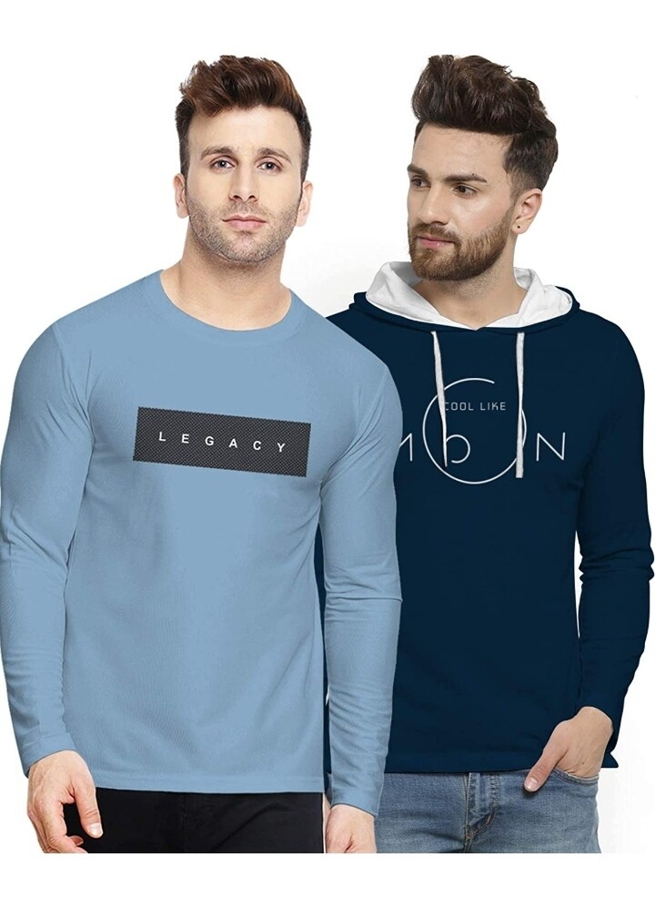 BULLMER Mens Printed Hooded &amp; Round Neck Cotton Tshirt - Pack of 2