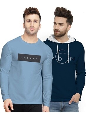 BULLMER Mens Printed Hooded &amp; Round Neck Cotton Tshirt - Pack of 2