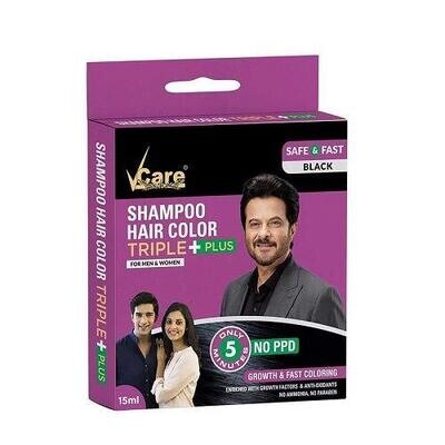 VCare Shampoo Hair Color Triple Plus, Black, 15 ml | Ammonia Free | PPD Free | Sulphate free| Paraben-free Hair Color | Natural Black