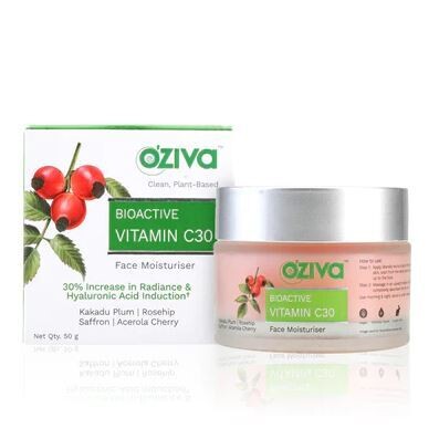 OZiva Bioactive Vitamin C30 Moisturiser (with Saffron, Kakadu Plum & Hyaluronic Acid) for Skin Radiance Enhancement and Wrinkle Reduction (50g)