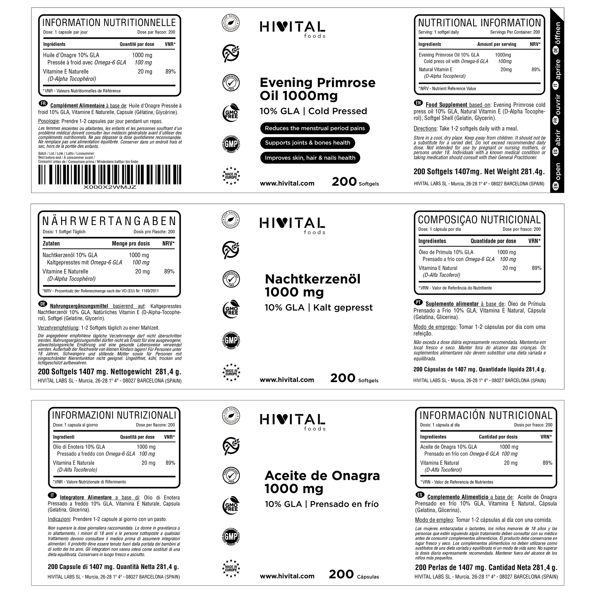 ACEITE DE ONAGRA 1000 MG CON 10% GLA Y VITAMINA E | 200 PERLAS DE ACEITE VEGETAL