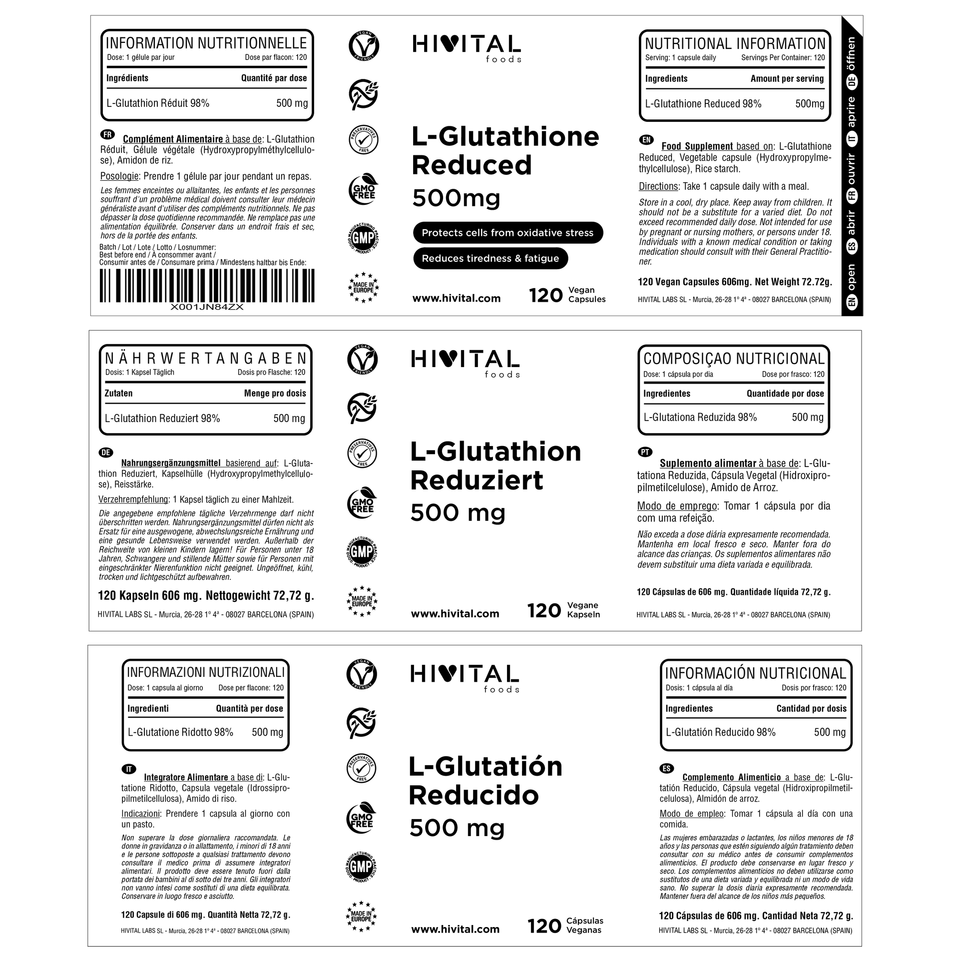 L-GLUTATIÓN REDUCIDO 500 MG | 120 CÁPSULAS VEGANAS