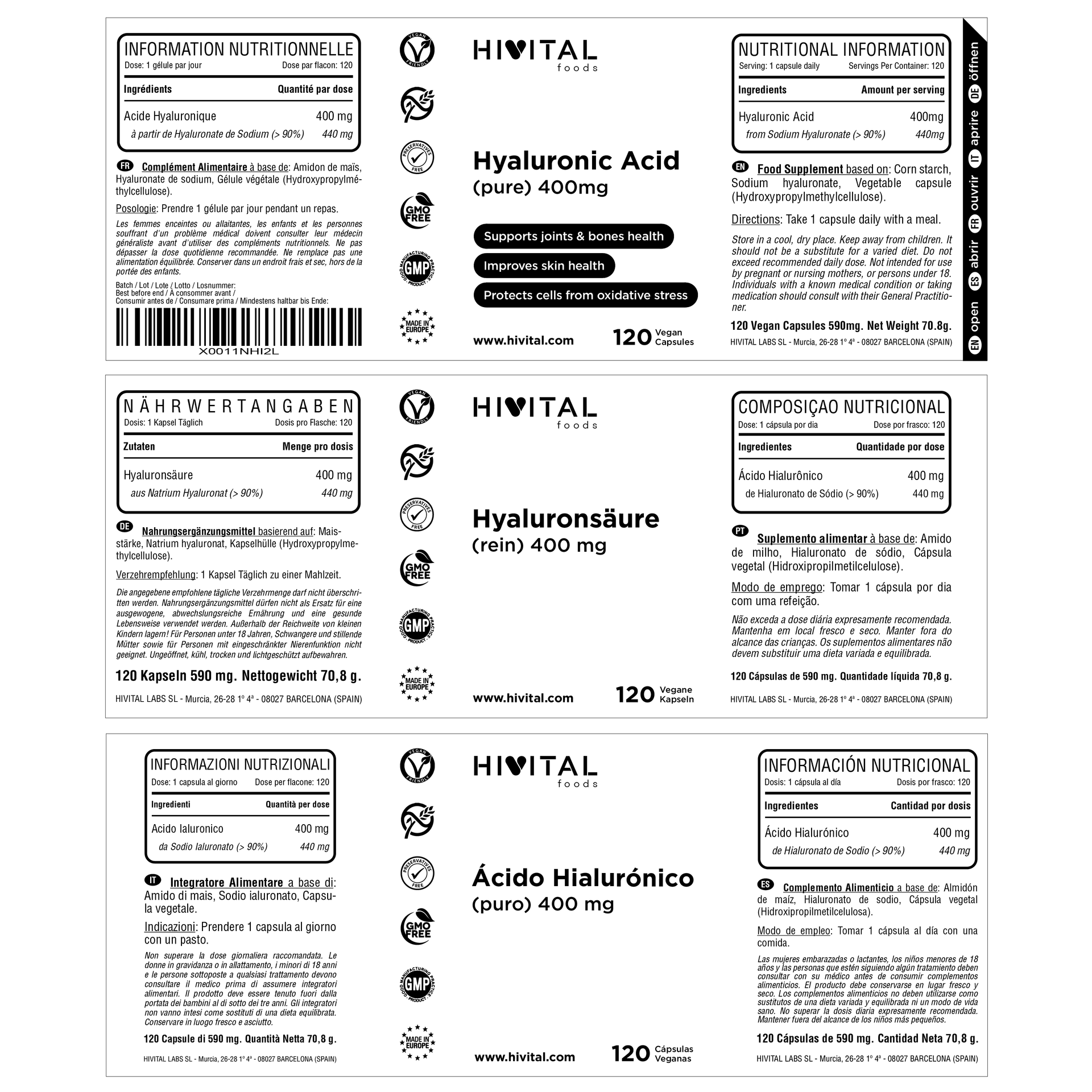 ÁCIDO HIALURÓNICO PURO 400 MG| 120 cápsulas veganas