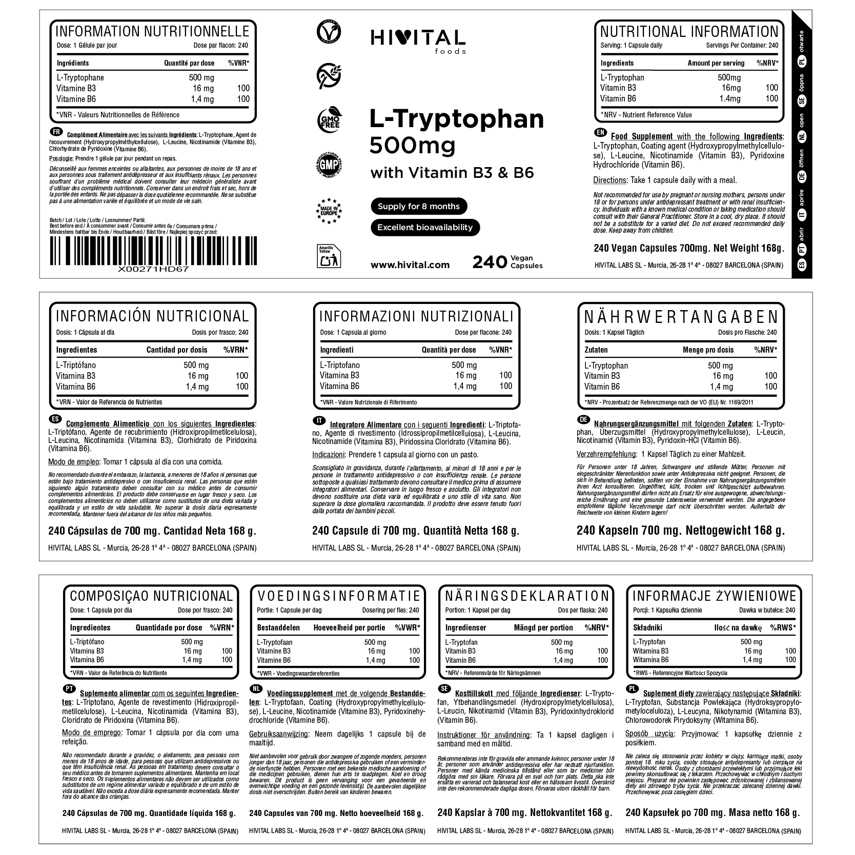 L-TRIPTÓFANO 500 MG 240 CÁPSULAS VEGANAS