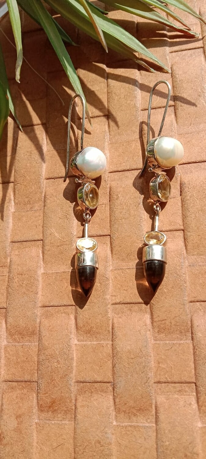 Royal Tourmaline,Quartz in  92.5 Sterling Silver. Earrings made with beautiful pearls -Semi precious Gemstones.