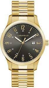 CARAVELLE GTS GOLDTONE EXPANSION WATCH W BLK DIAL