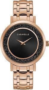 CARAVELLE LDS ROSE GOLD W BLK DIAL