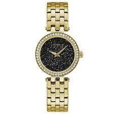 CARAVELLE LDS GOLDTONE WATCH W BLK CRYSTAL DIAL