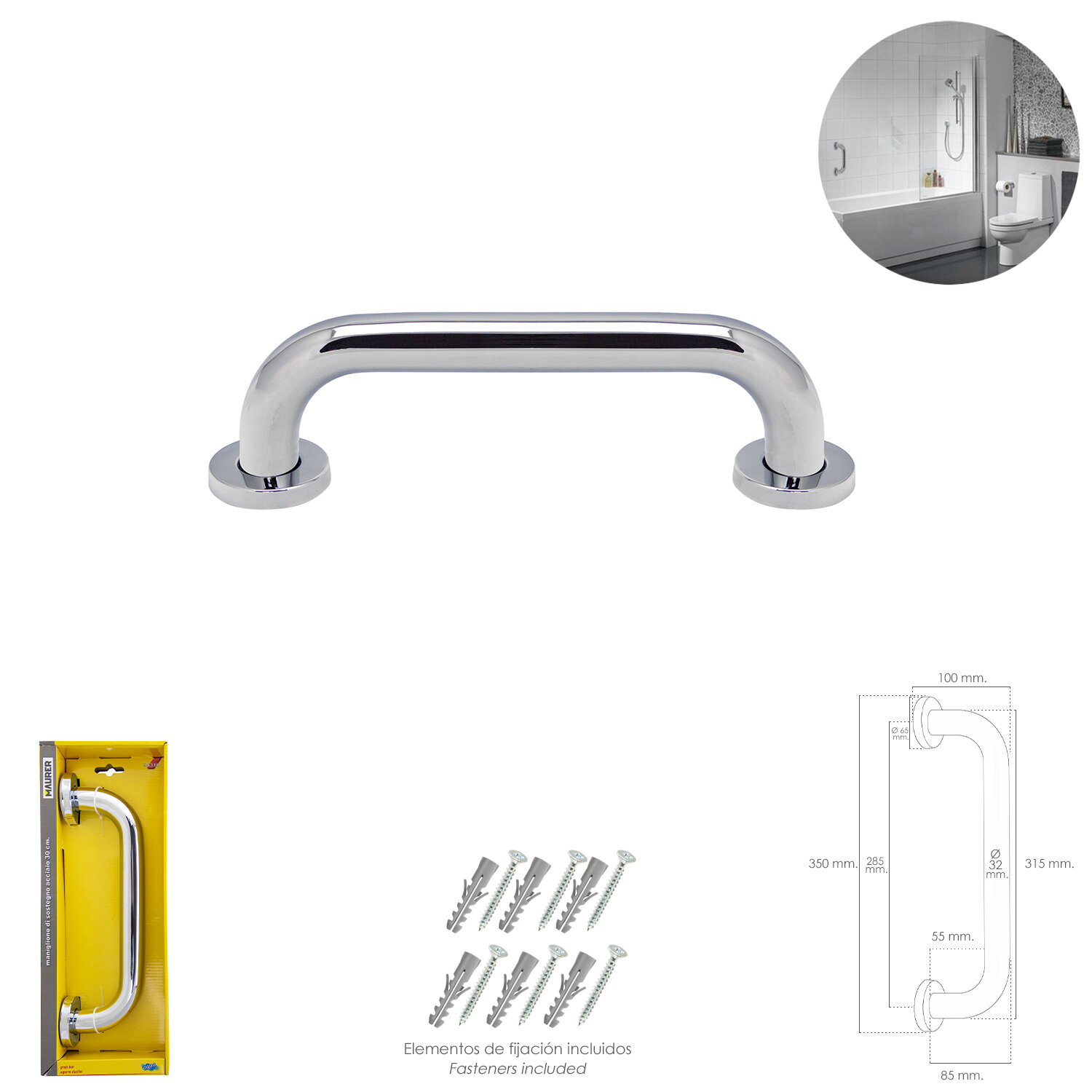 Agarre Ducha Maurer Cromo Brillo � 32 mm. Longitud 30 cm.