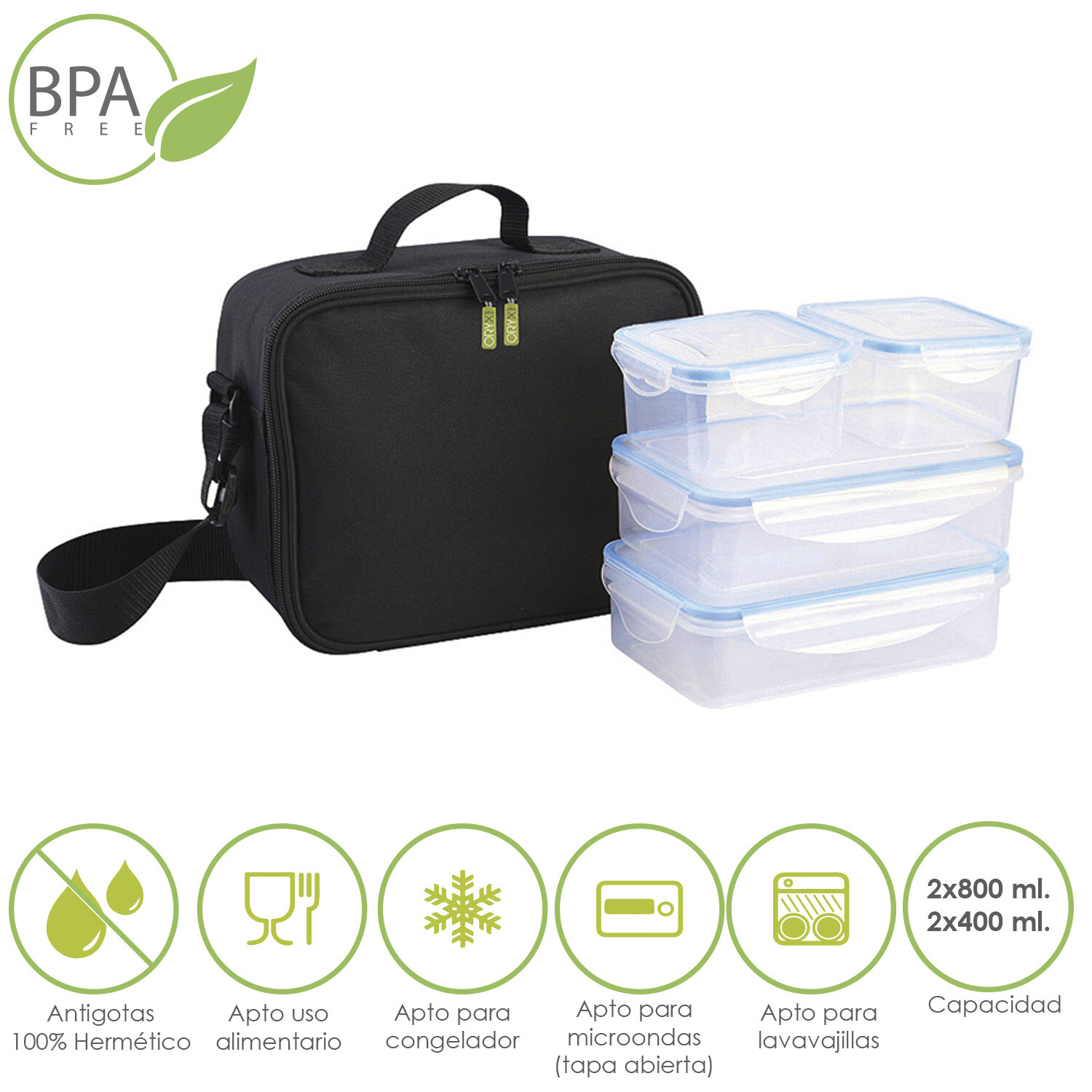 Bolsa Termica Con 4 Recipientes Hermeticos Plastico (2x800 ml + 2x400 ml.)