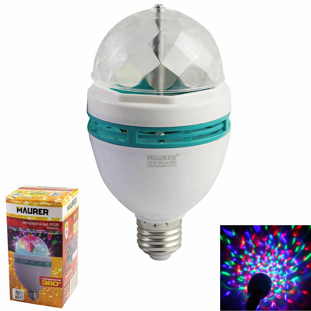 Bombilla Led Disco Rotativa E27 3W. 270 lumenes. Color: rojo, verde y azul.
