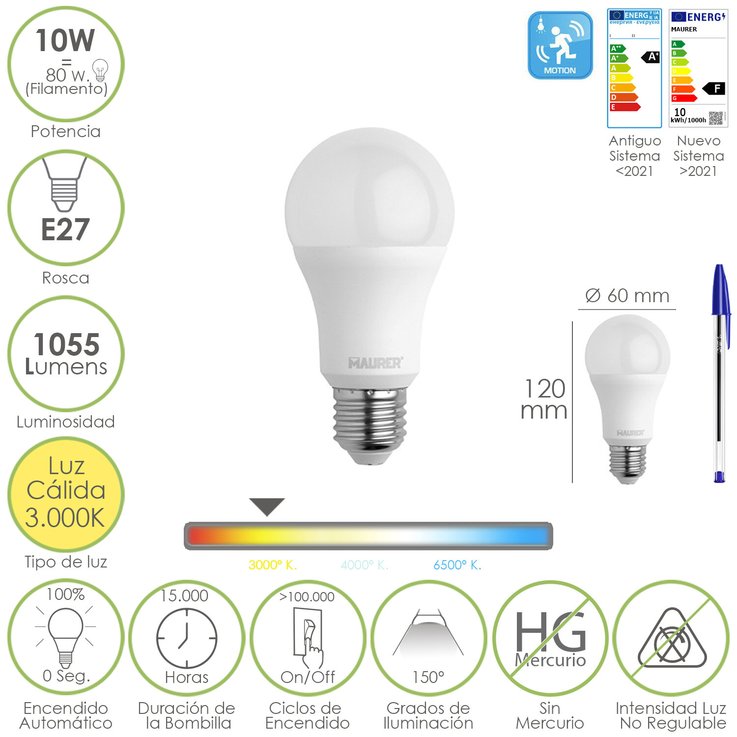 Bombilla Led Esfera Con Sensor Movimiento Rosca E27. 10 Watt. Equivale A 80 Watt. 1055 Lumenes. Luz Calida 3000 K.