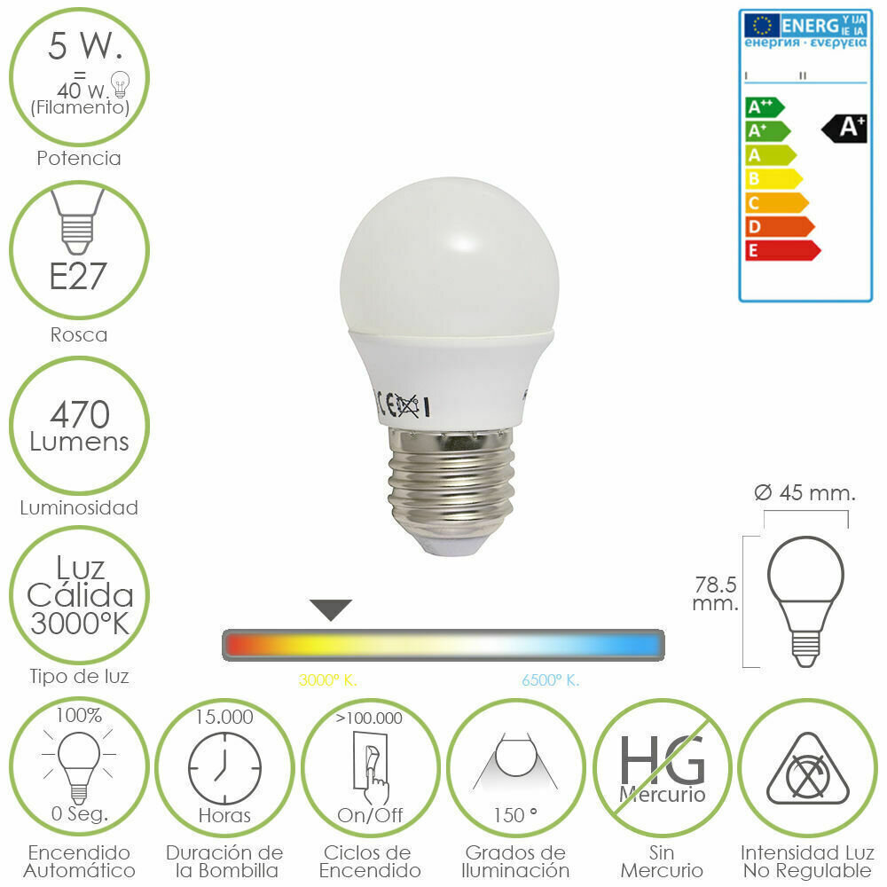 Bombilla Led Esferica E27 5 W. - 40 W. 470 l�menes. Luz c�lida (3.000 �K).