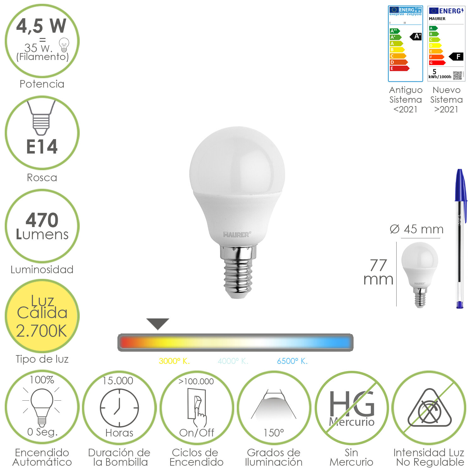 Bombilla Led Esferica Rosca E14 4.5 Watt. Equivale A 35 Watt. 470 Lumenes. Luz Cálida (00 K)