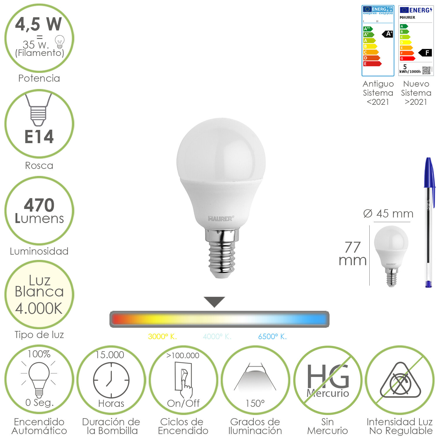 Bombilla Led Esferica Rosca E14 4.5 Watt. Equivale A 35 Watt. 470 Lumenes. Luz Neutra (4000 K)