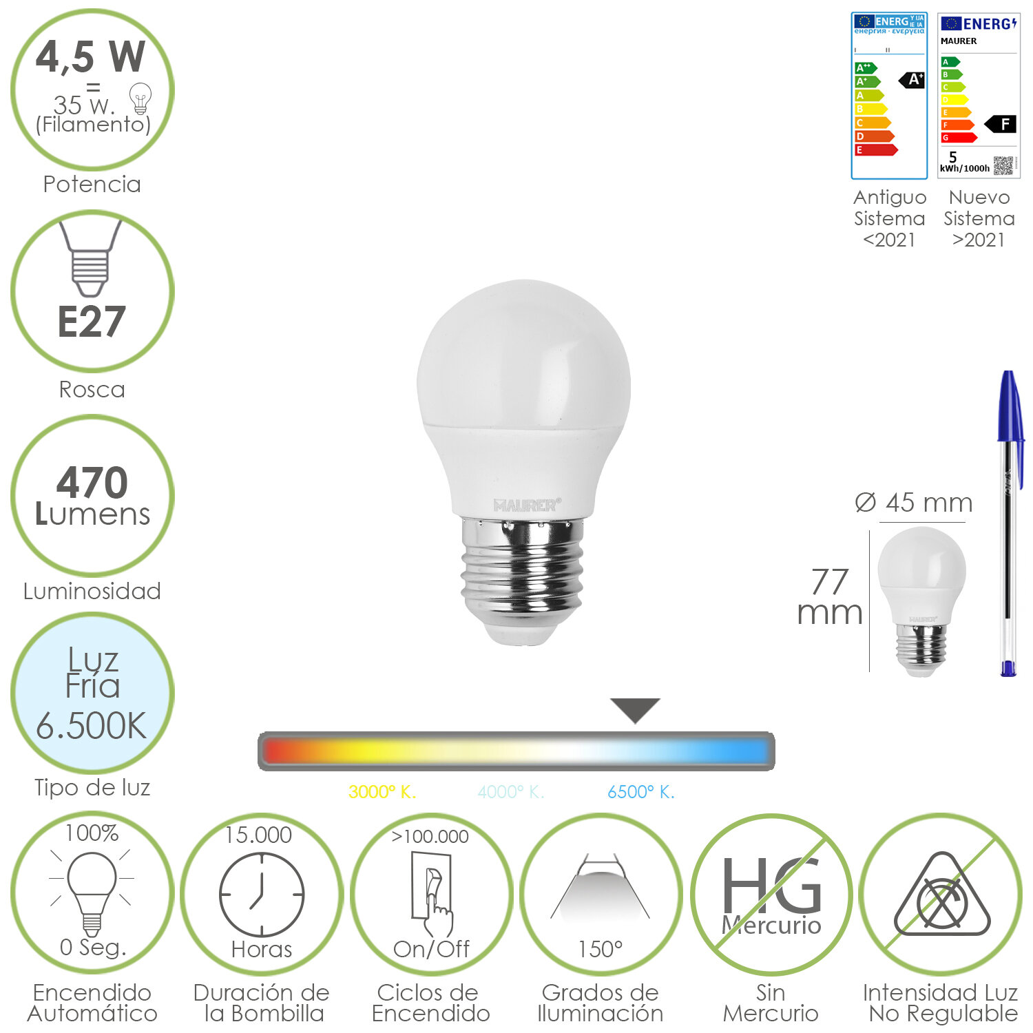 Bombilla Led Esferica Rosca E27 4.5 Watt. Equivale A 55 Watt. 470 Lumenes. Luz Fria (6500 K)