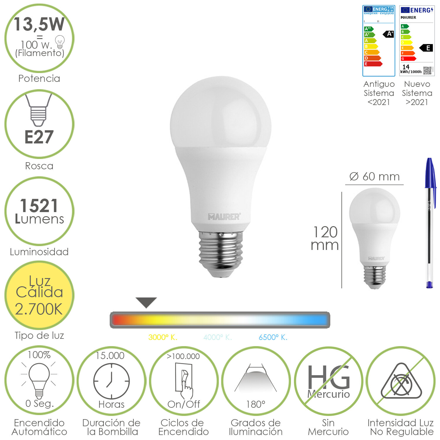 Bombilla Led Estandar Rosca E27. 13,5 Watt. Equivale A 100 Watt. 1521 Lumenes. Luz Calida (3000 K.)