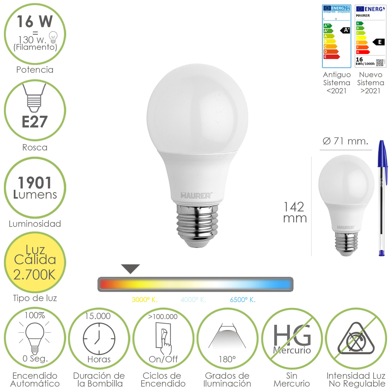 Bombilla Led Estandar Rosca E27. 16 Watt. Equivale A 130 Watt. 1901 Lumenes. Luz Calida 2.700 K.