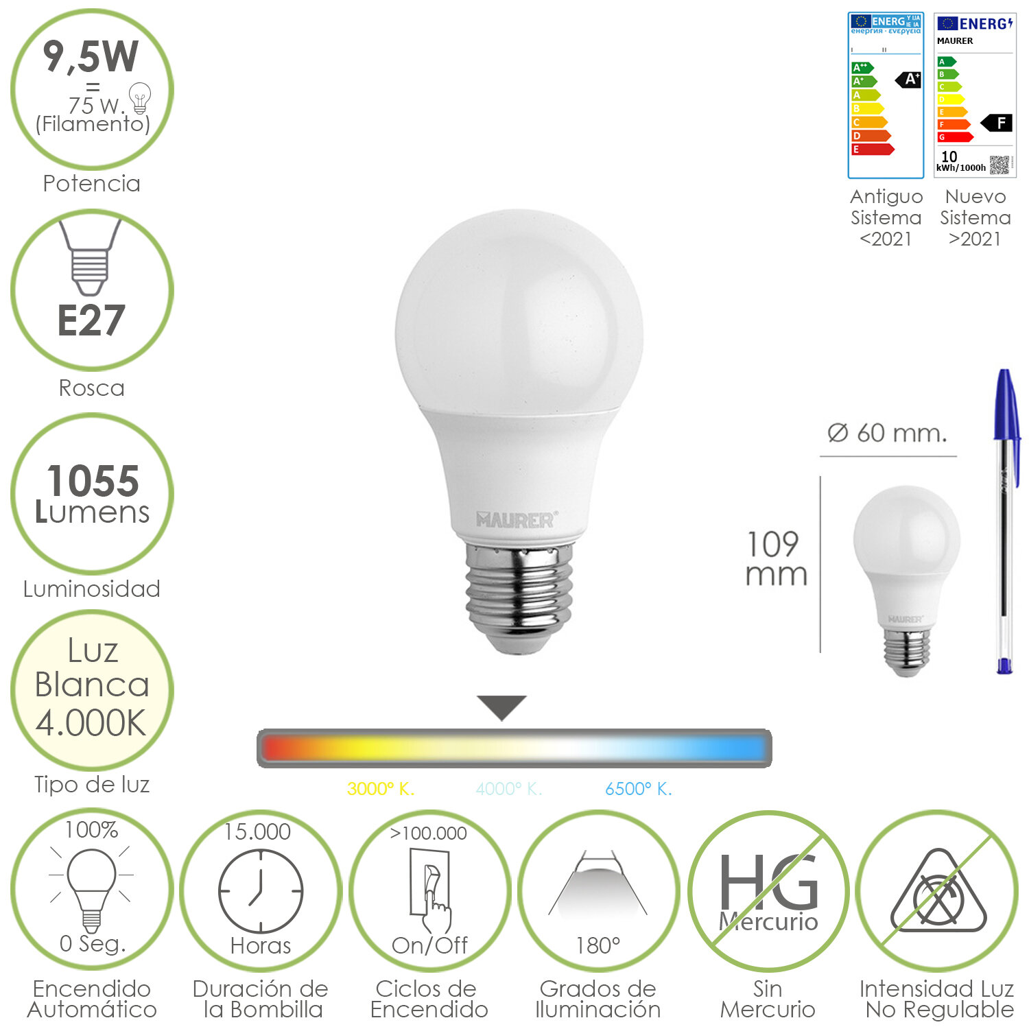 Bombilla Led Estandar Rosca E27. 9.5 Watt. Equivale A 75 Watt. 1055 Lumenes. Luz Neutra (4000 K.)