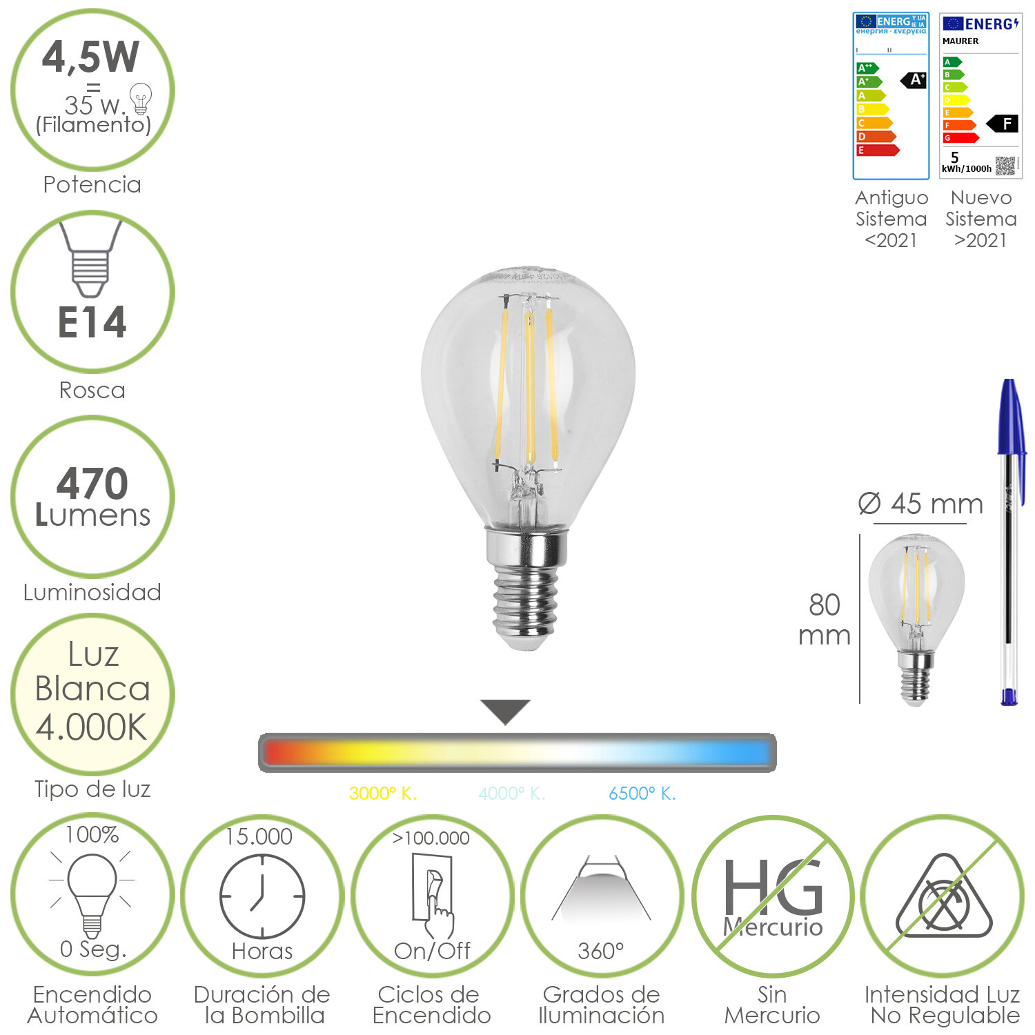 Bombilla Led Filamento Globo Rosca E14. 4,5 Watt. Equivale A 35 Watt. 470 Lumenes. Luz Neutra 4000 K.
