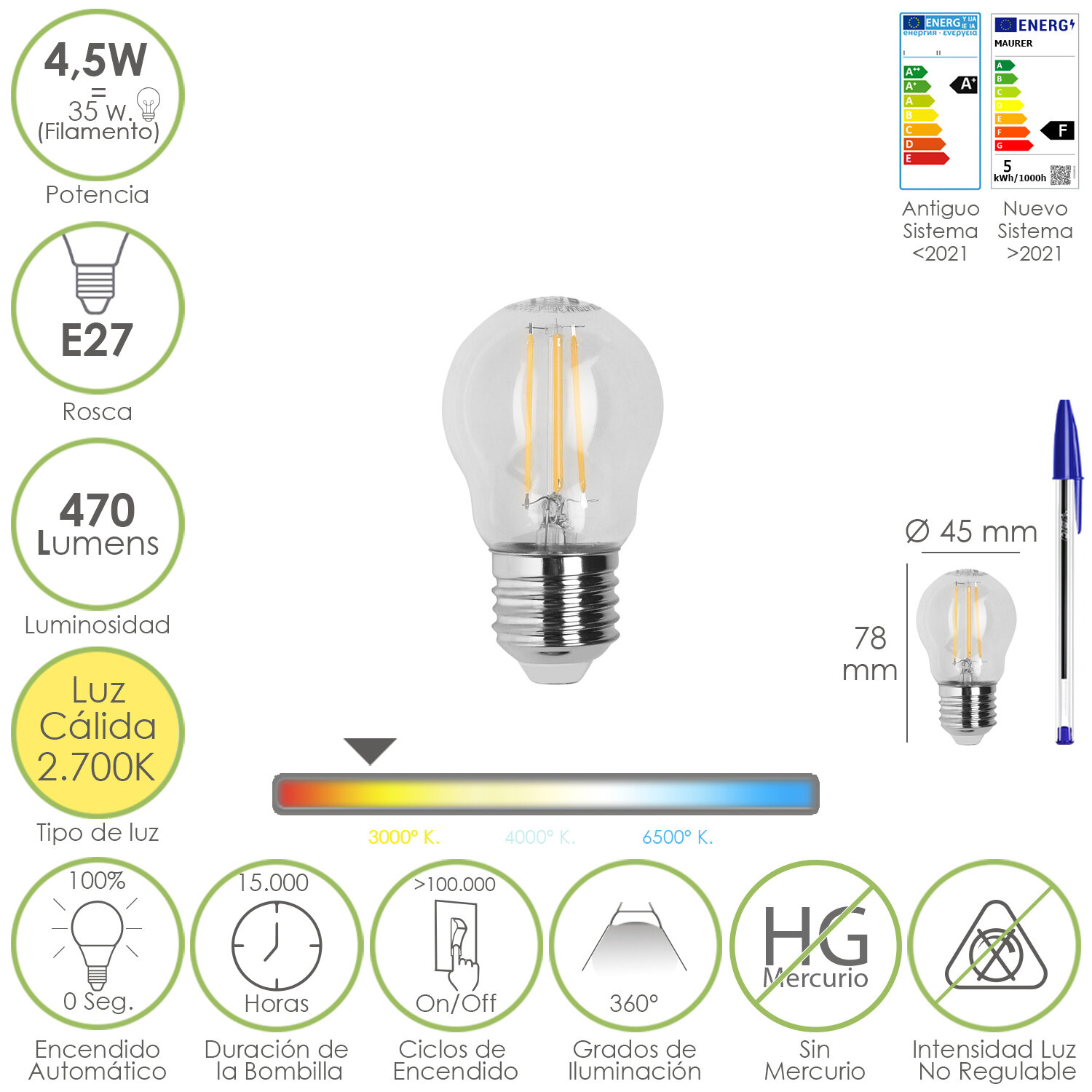 Bombilla Led Filamento Globo Rosca E27. 4,5 Watt. Equivale A 35 Watt. 470 Lumenes. Luz Calida 2700 K.
