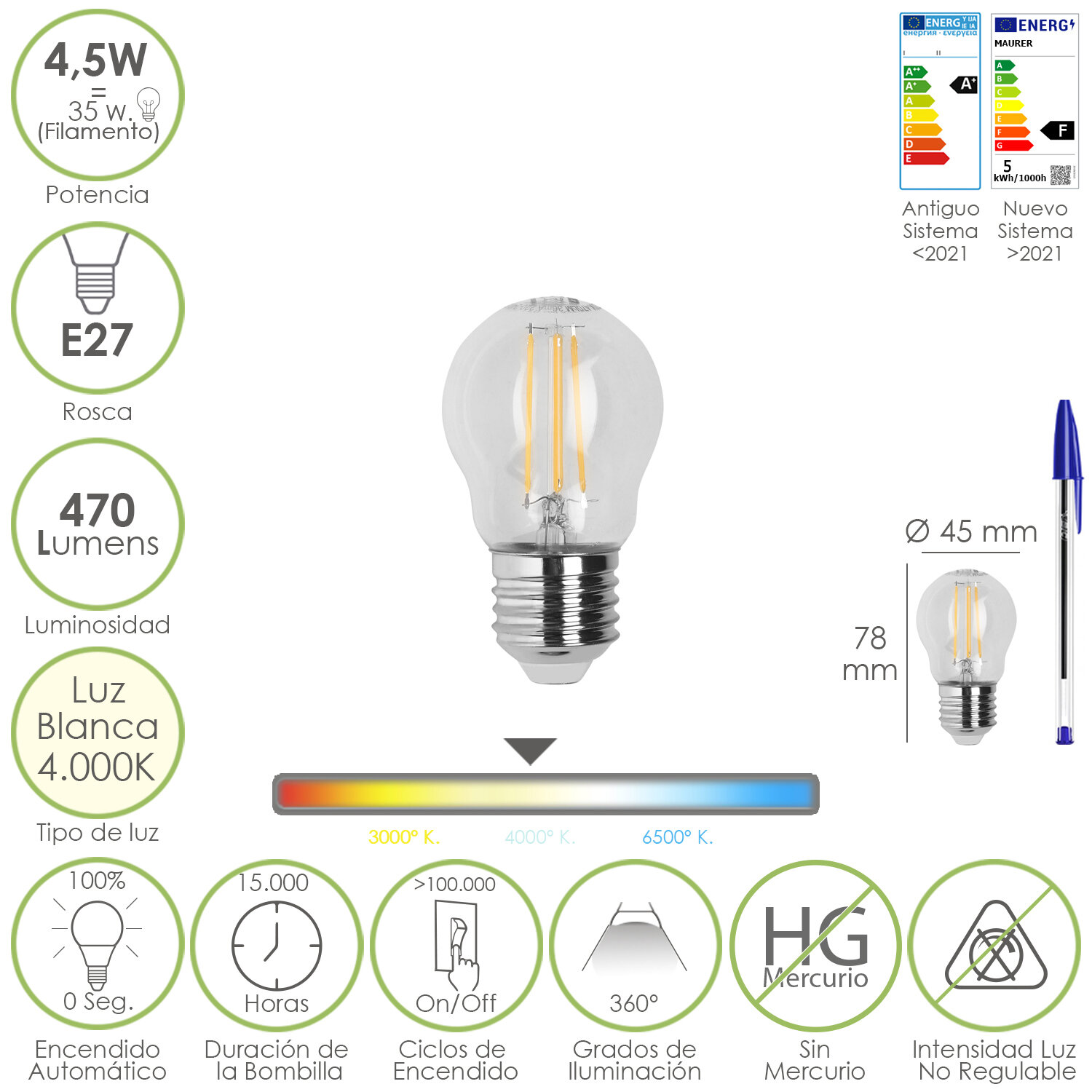 Bombilla Led Filamento Globo Rosca E27. 4,5 Watt. Equivale A 35 Watt. 470 Lumenes. Luz Neutra 4000 K.