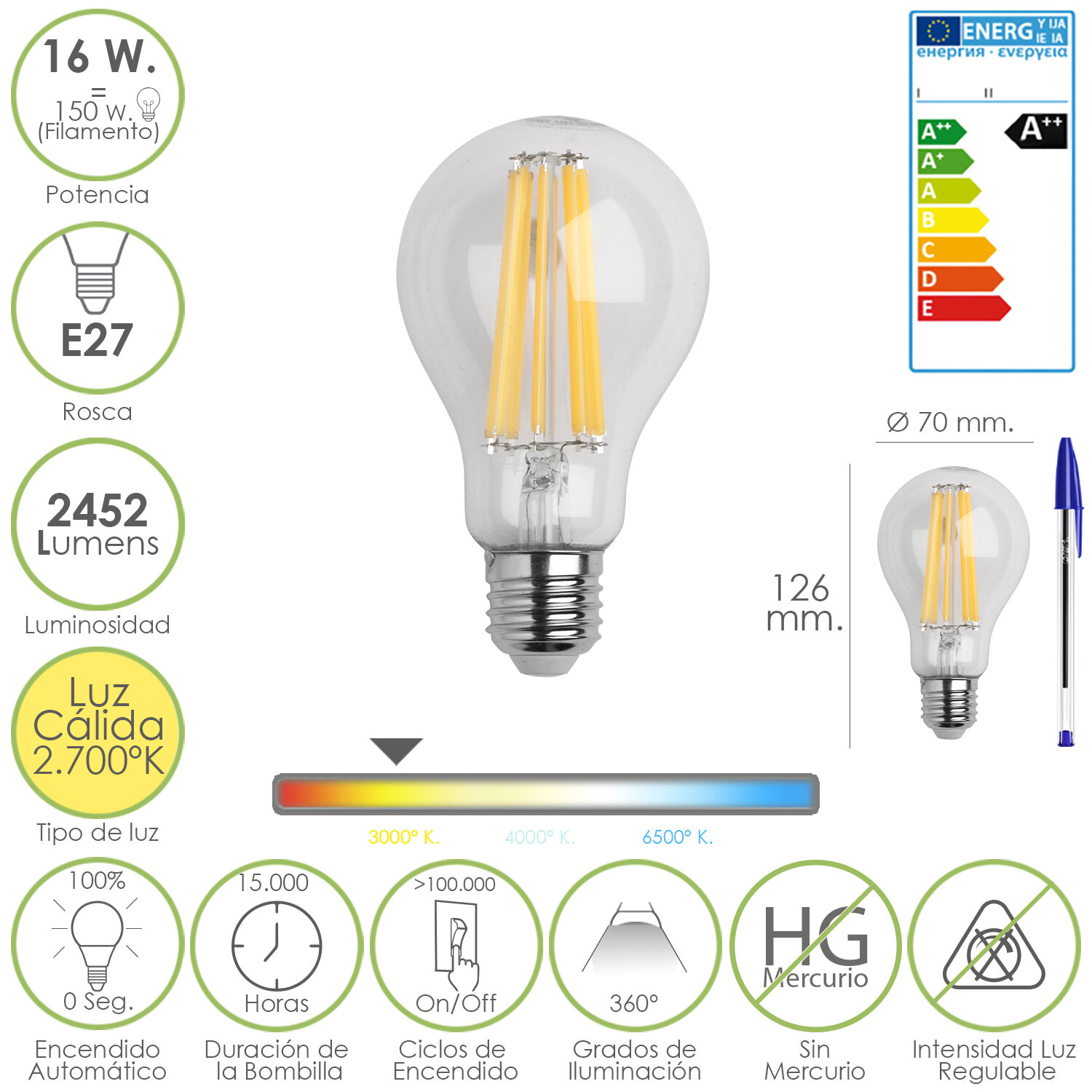 Bombilla Led Filamento Rosca E27 (Gorda) 16 Watt. Equivale a 150 Watt. 2452 Lumenes. Luz c�lida (2.700� K) A++