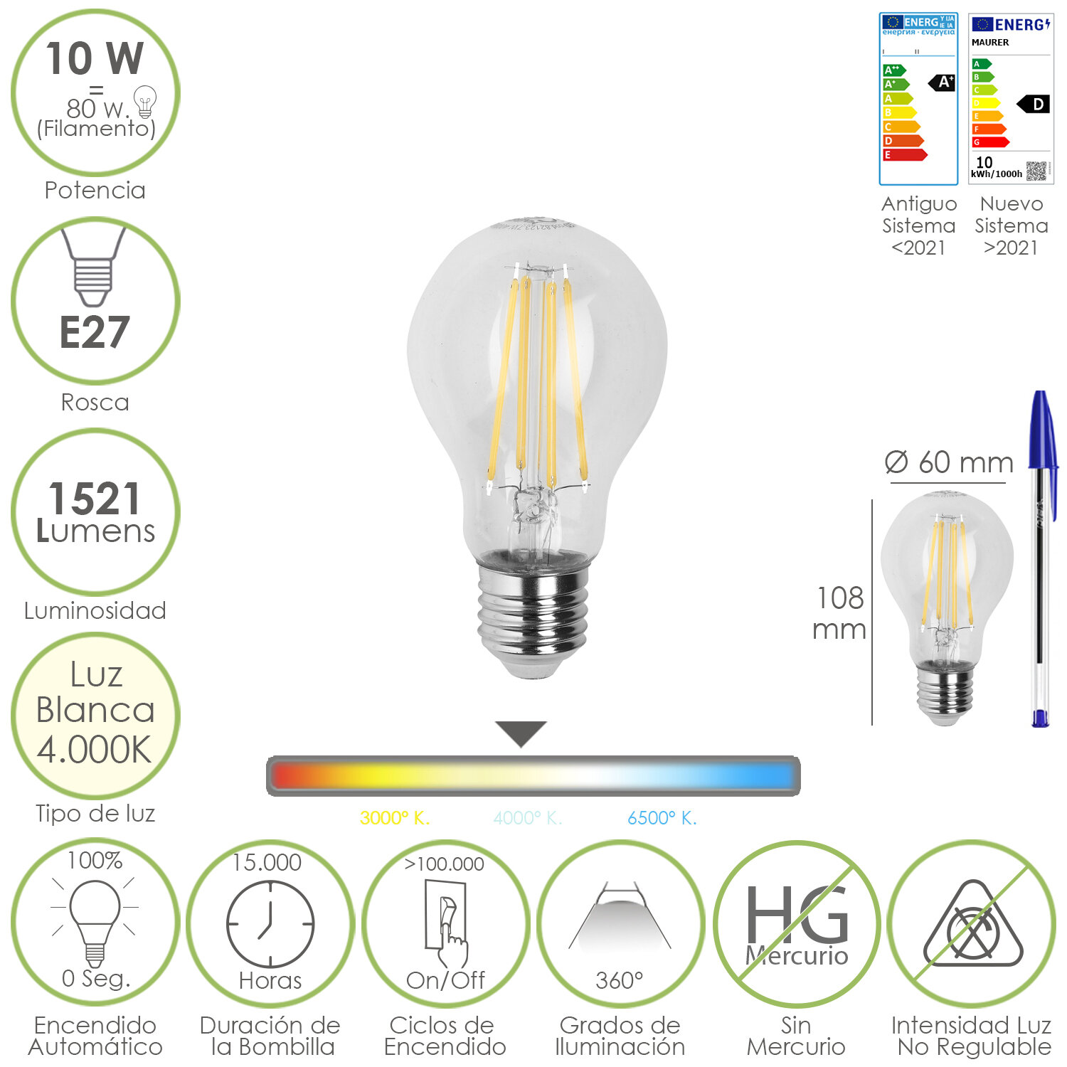 Bombilla Led Filamento Standar Rosca E27. 10 Watt. Equivale A 80 Watt. 1521 Lumenes. Luz Neutra 4000 K.