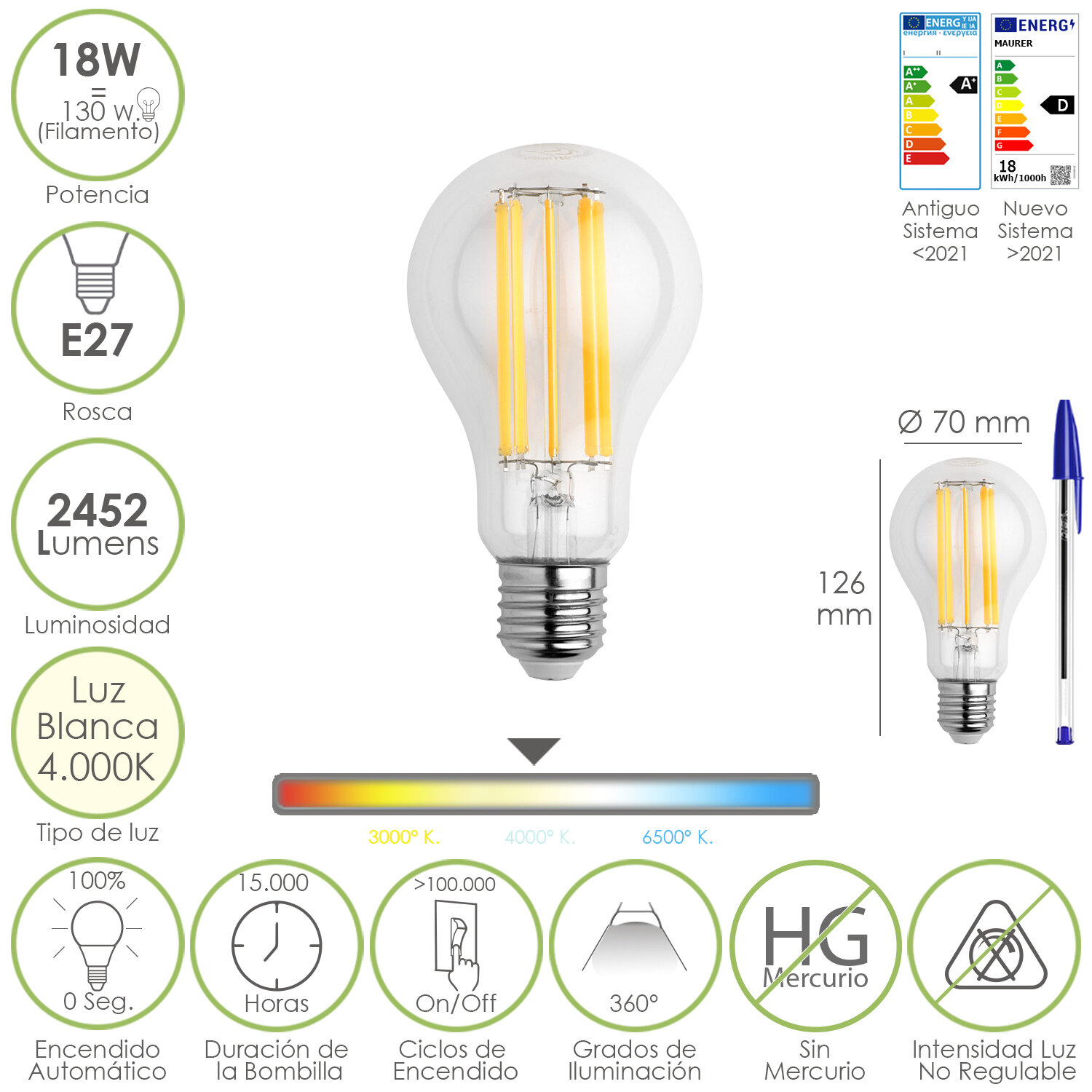 Bombilla Led Filamento Standar Rosca E27. 18 Watt. Equivale A 130 Watt. 2462 Lumenes. Luz Neutra 4000 K.