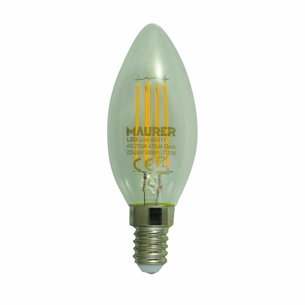 Bombilla Led Filamento Vela E14.  4 W.40 W. 470 L�menes. Luz calida. (3000�K).