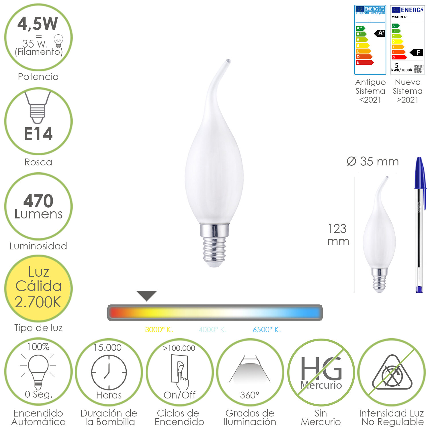 Bombilla Led Filamento Vela Llama Esmerilada E14. 4,5 Watt. Equivale A 35 Watt. 470 Lumenes. Luz Calida 2700 K.