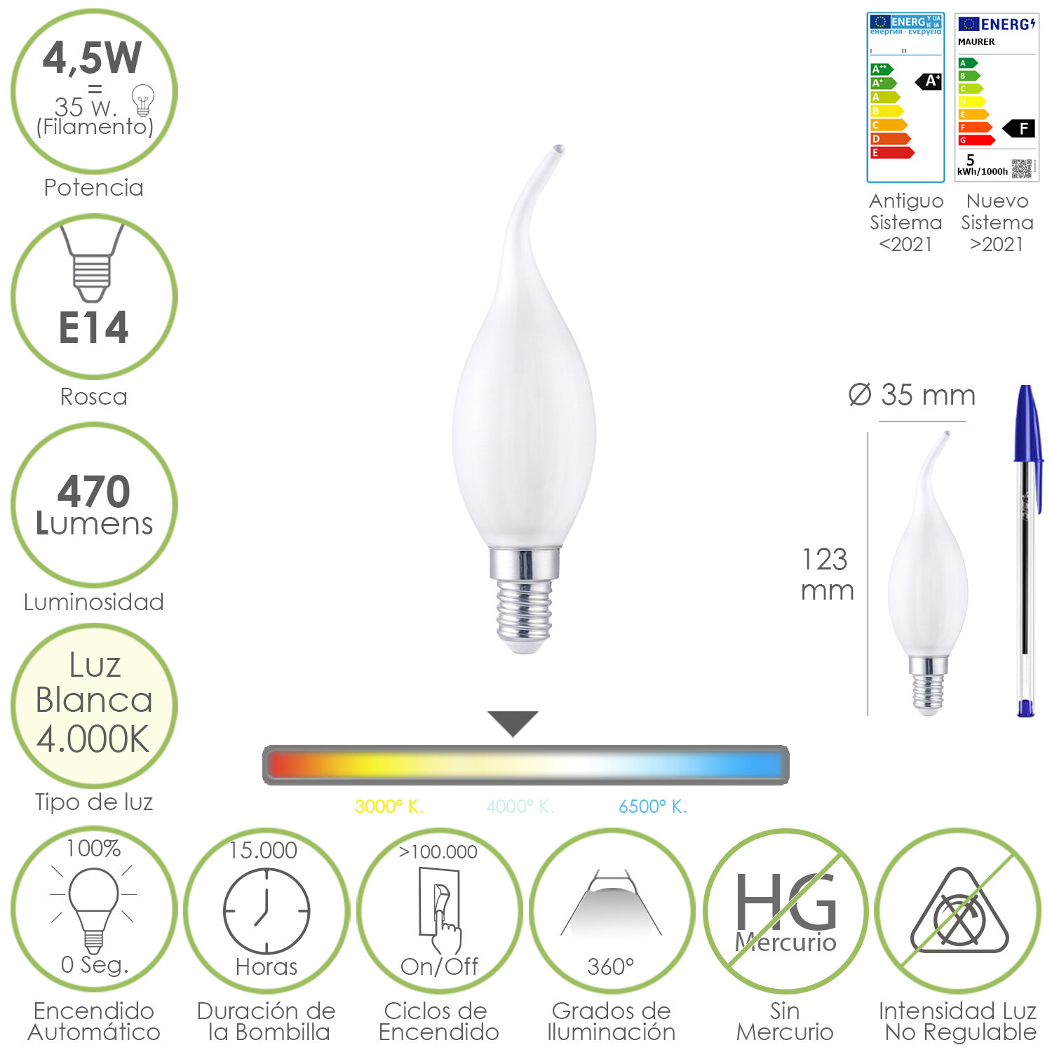 Bombilla Led Filamento Vela Llama Esmerilada E14. 4,5 Watt. Equivale A 35 Watt. 470 Lumenes. Luz Neutra 4000 K.