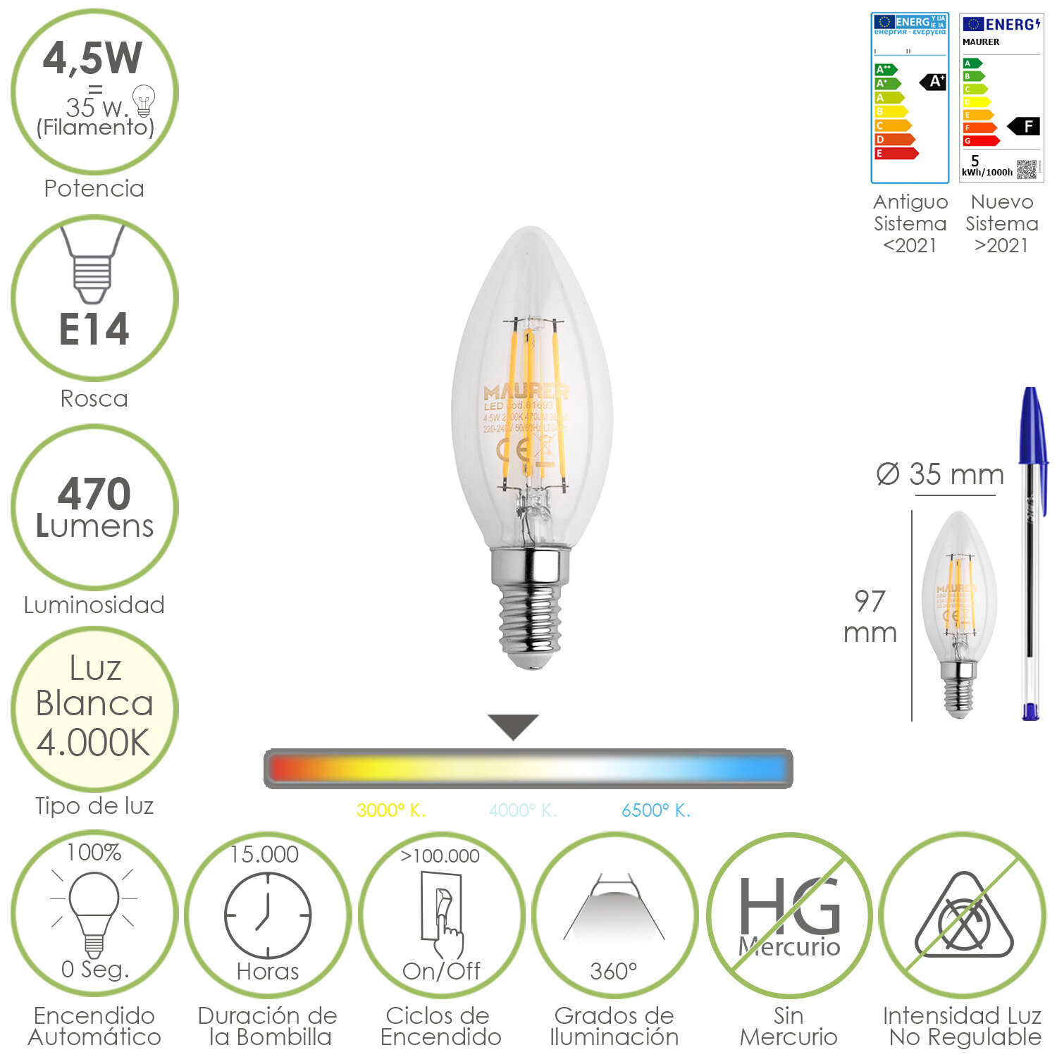 Bombilla Led Filamento Vela Rosca E14. 4,5 Watt. Equivale A 35 Watt. 470 Lumenes. Luz Neutra 4000 K.