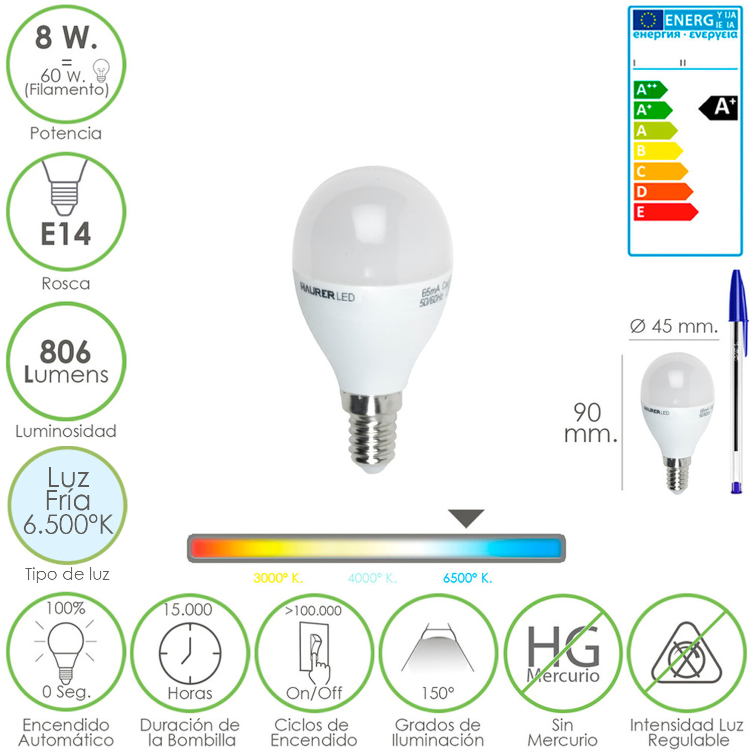 Bombilla Led Globo Mini Rosca E14 (Fina) 8 Watt. Equivale A 60 Watt. 806 Lumenes. Luz Fria (6500� K.) A+