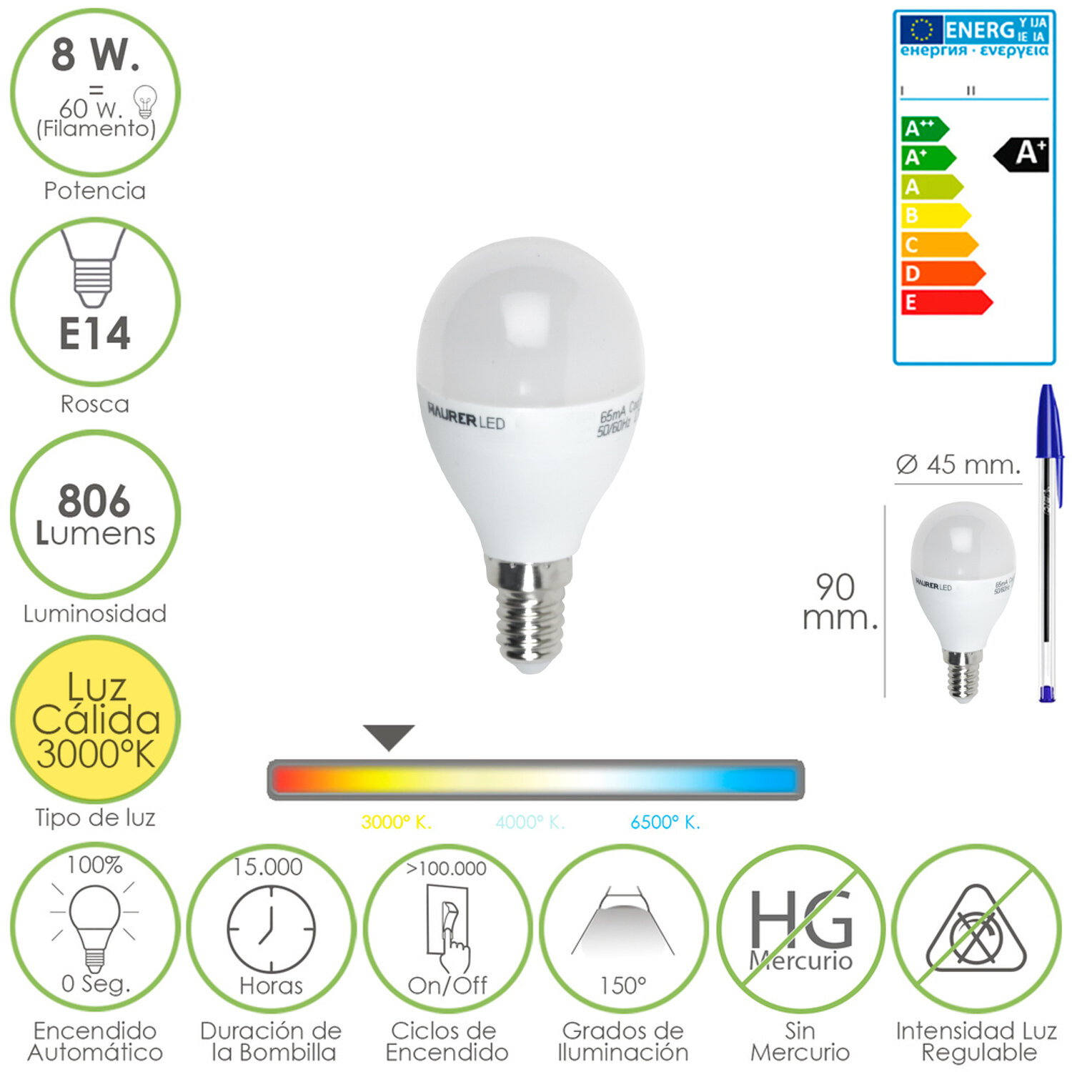 Bombilla Led Globo Mini Rosca E14 (Fina). 8 Watt. Equivale A 60 Watt. 806 Lumenes. Luz C�lida (3000� K.) A+