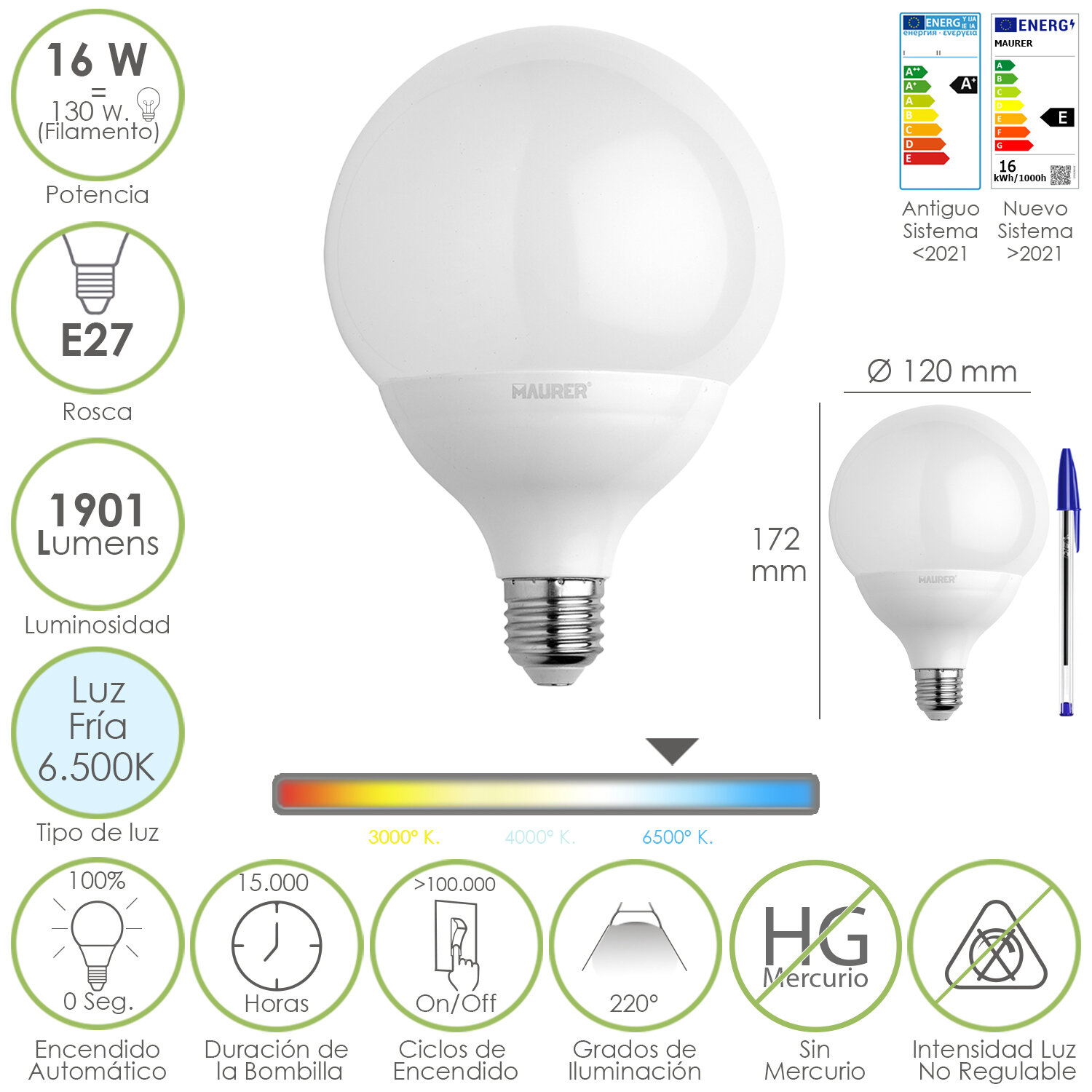 Bombilla Led Globo Rosca E27. 16 Watt. Equivale A 130 Watt. 1901 Lumenes. Luz Fria 6500 K.