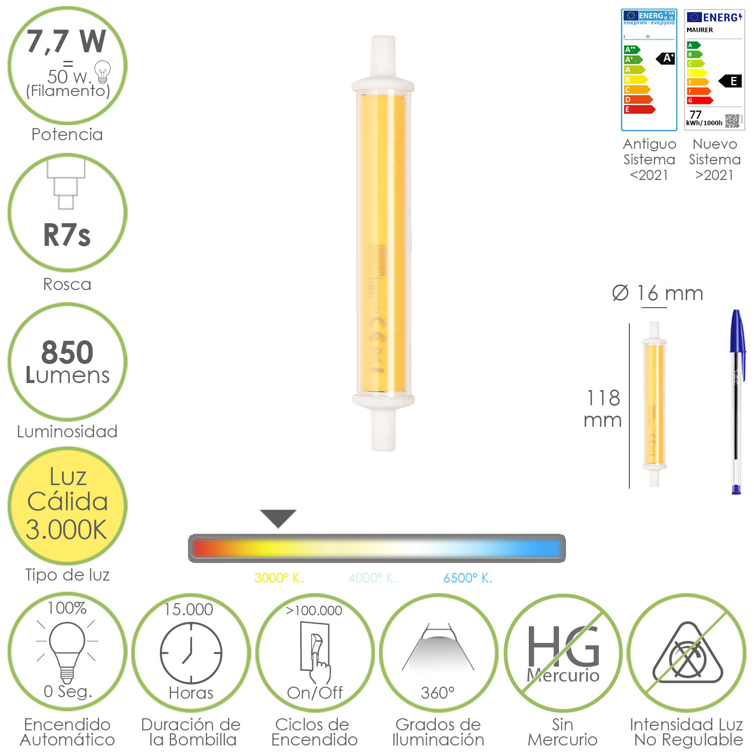 Bombilla Led Para Focos Rosca R7S. 7,7 Watt. Equivale a 50 Watt. 850 Lumenes. Luz C�lida (3000 K)