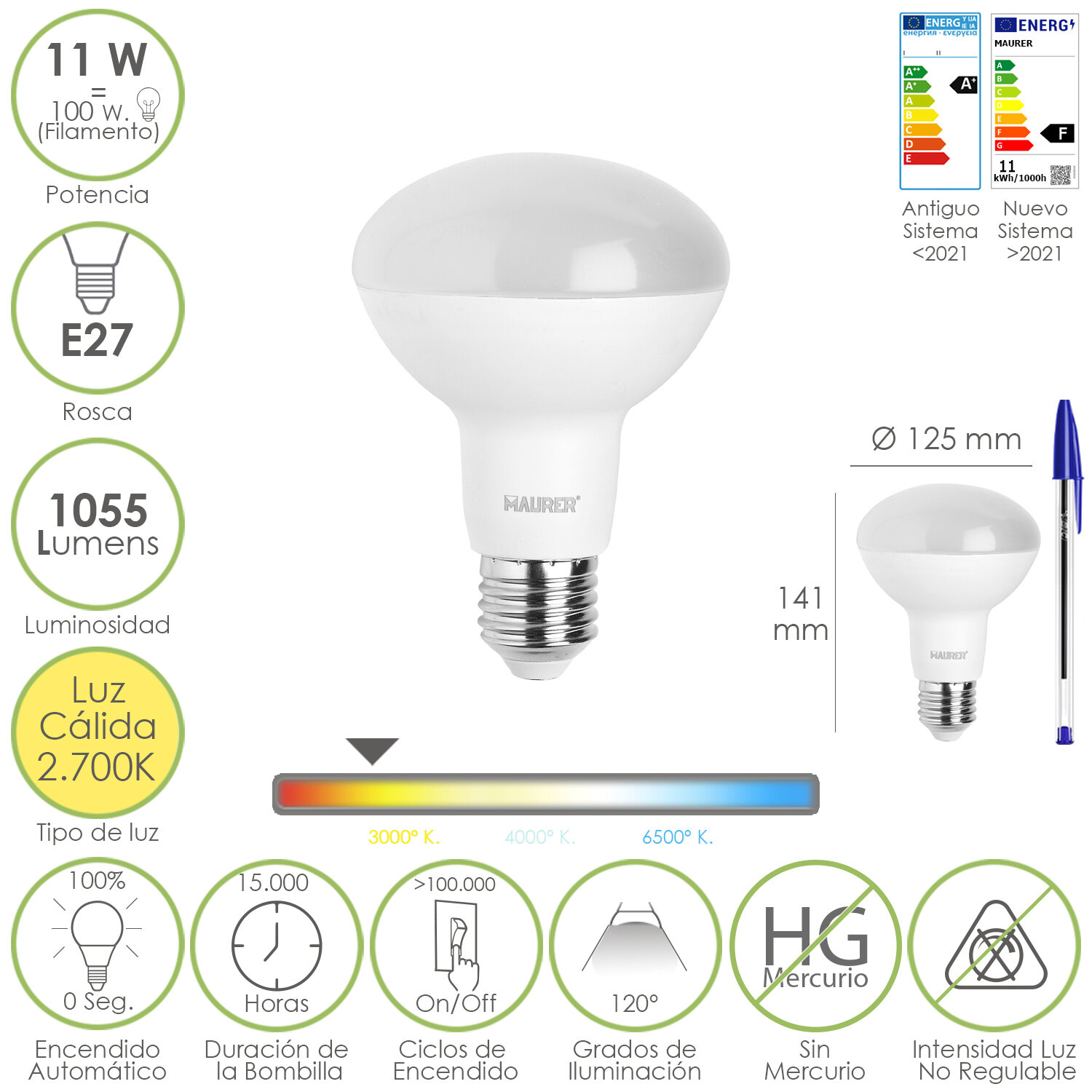 Bombilla Led Reflectante E27. 11 Watt. Equivale A 100 Watt. 1055 Lumenes. Luz Calida 2700 K.