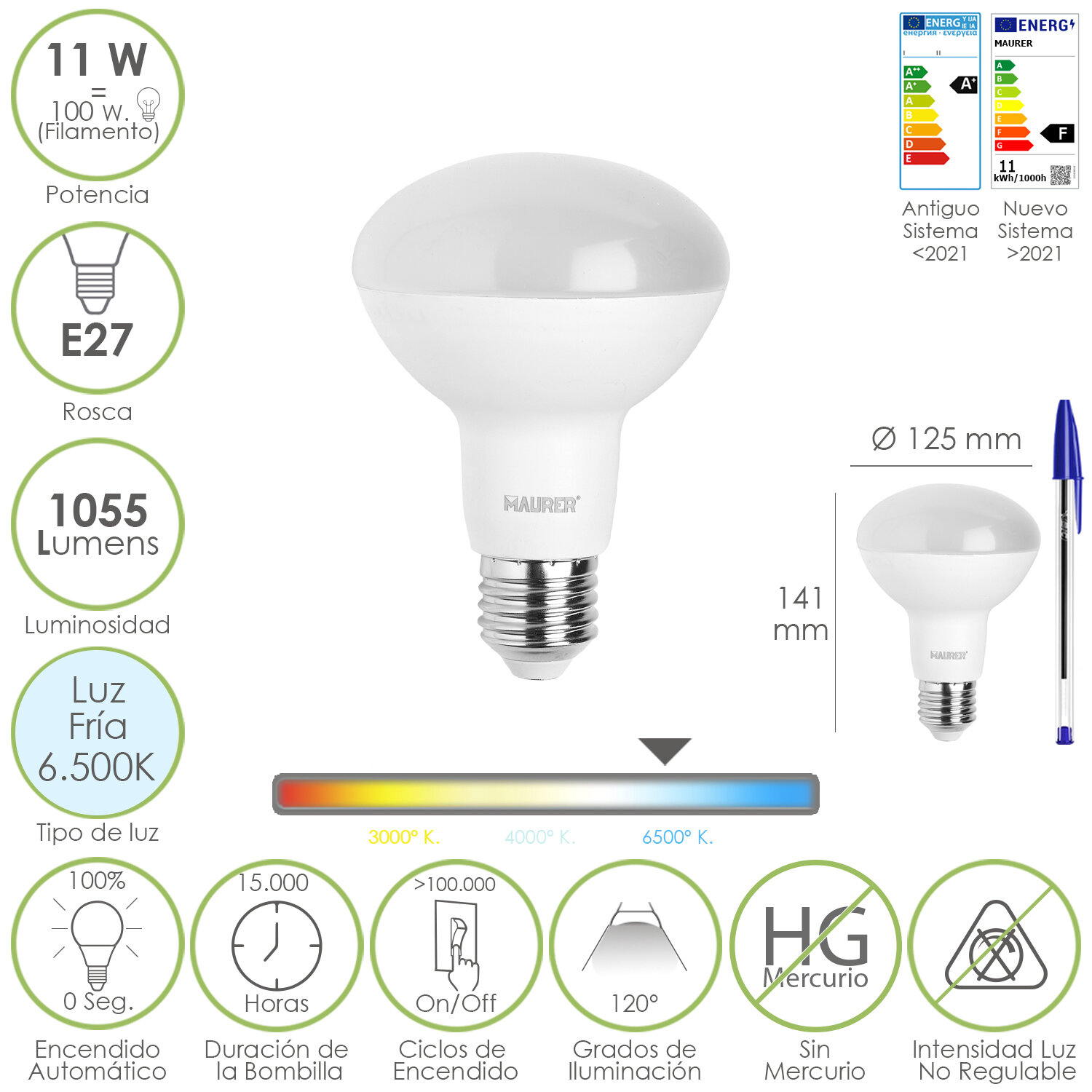 Bombilla Led Reflectante E27. 11 Watt. Equivale A 100 Watt. 1055 Lumenes. Luz Fria 6.500 K.