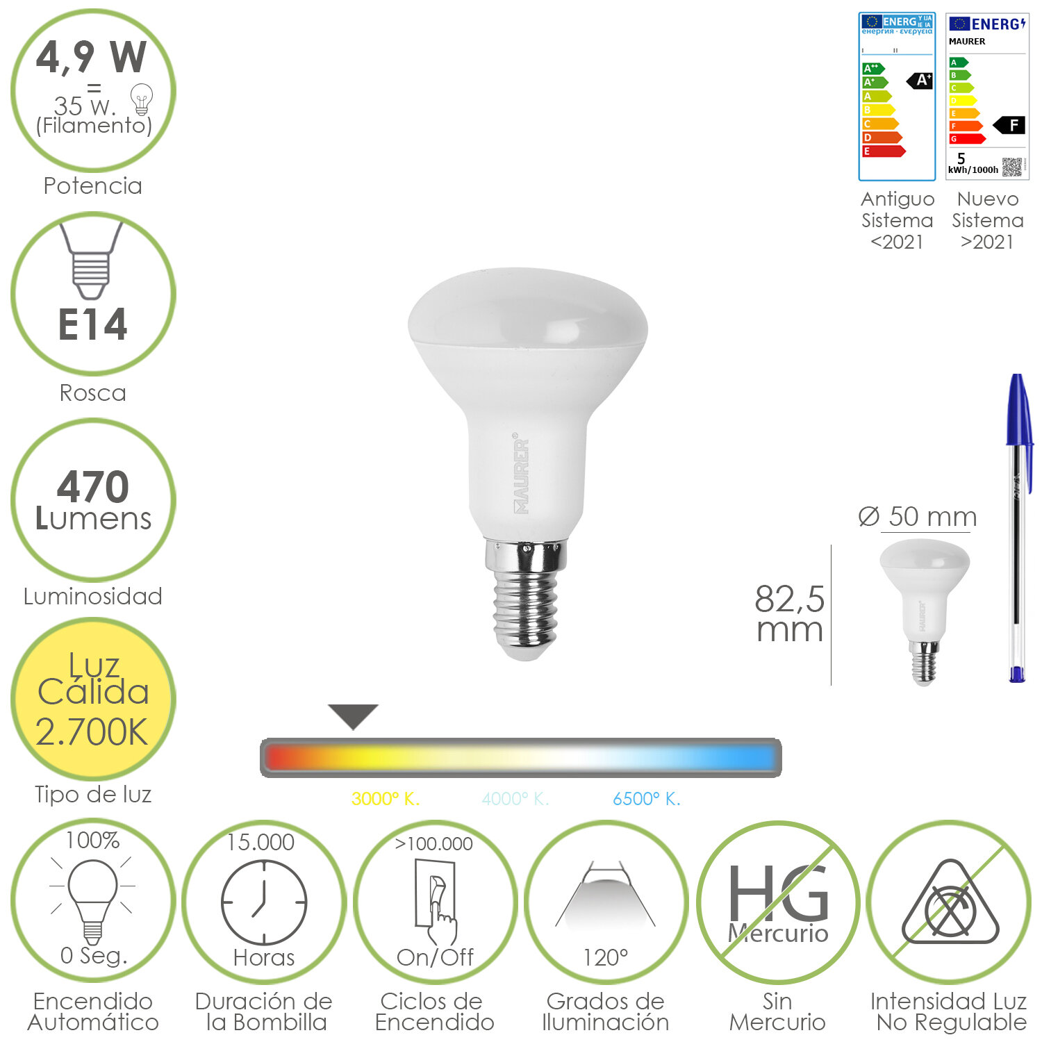 Bombilla Led Reflectante Rosca E14. 4,9 Watt. Equivale A 35 Watt. 470 Lumenes. Luz Cálida (3000 K.)